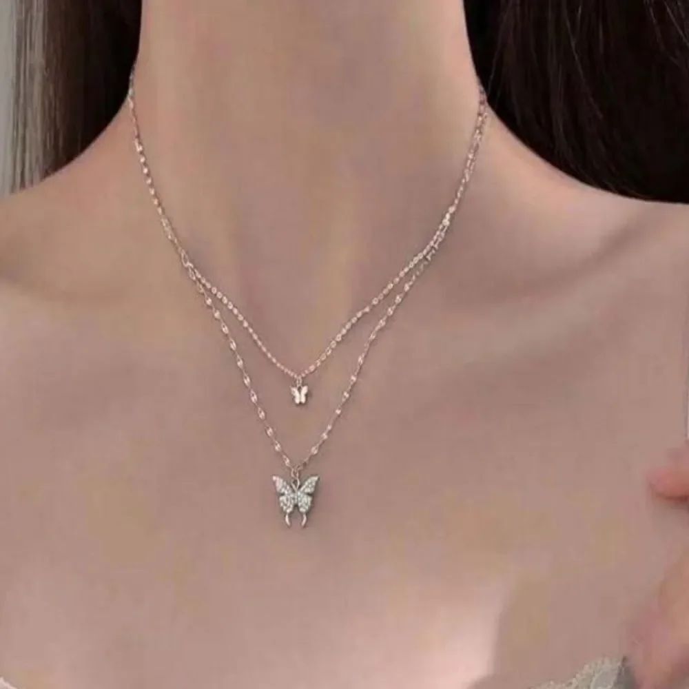 3for$20 1pc Double-Layer Silver-Tone Butterfly Pendant Necklace With Rhinestone